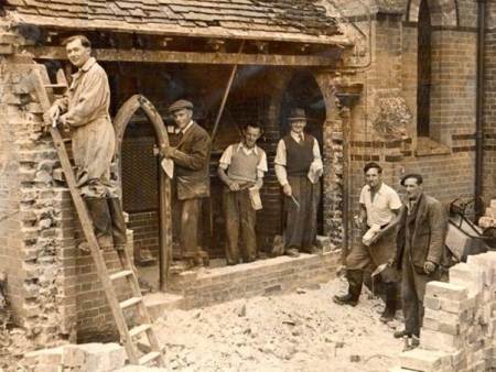 Easterton men building the vestry on St Barnabas Church in 1953