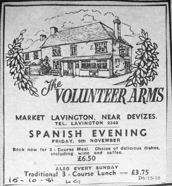 1981 newspaper ad for the Volunteer Arms in Market Lavington