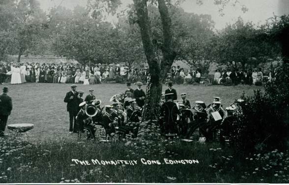 rket Lavington Prize Silver Band entertain at Edington Monastery Gardens in about 1912