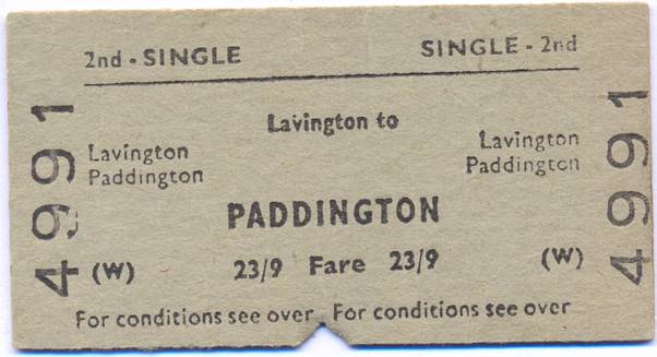 A Lavington to Paddington single rail ticket from about 1965