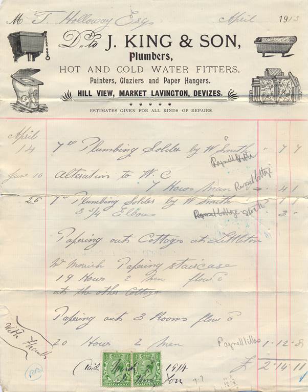 J King bill for services rendered in 1913