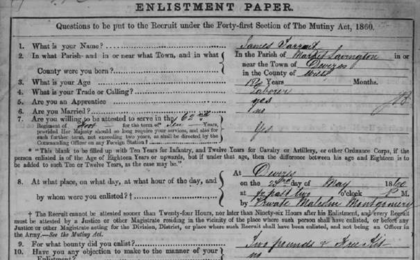 James Tarrant enlistment papers - 1860