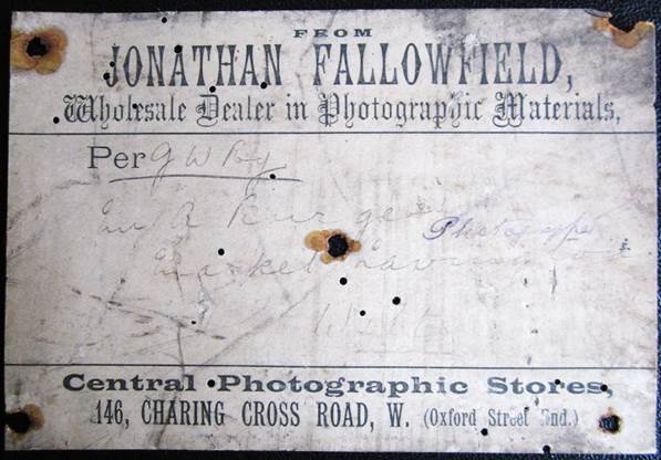 Label on a delivery of photographic materials to Alf Burgess of Market Lavington