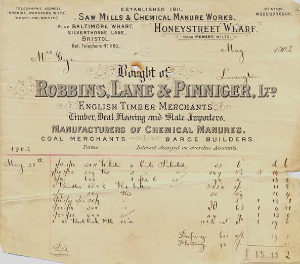 Bill to Gyes from the Honeystreet sawmill in 1902