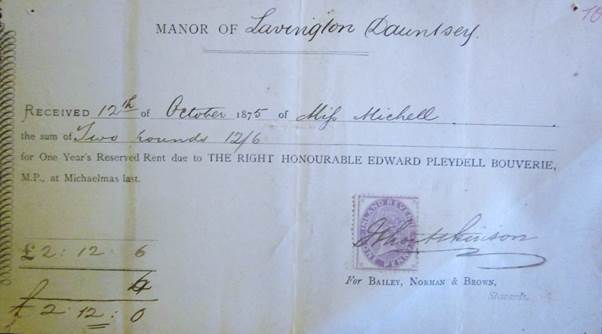 Receipt for rent paid by Miss Michell to the Lavington Dauntsey estate in 1875