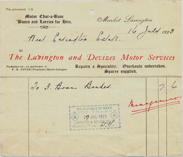 Bill from Lavington and Devizes Motor Services in 1923