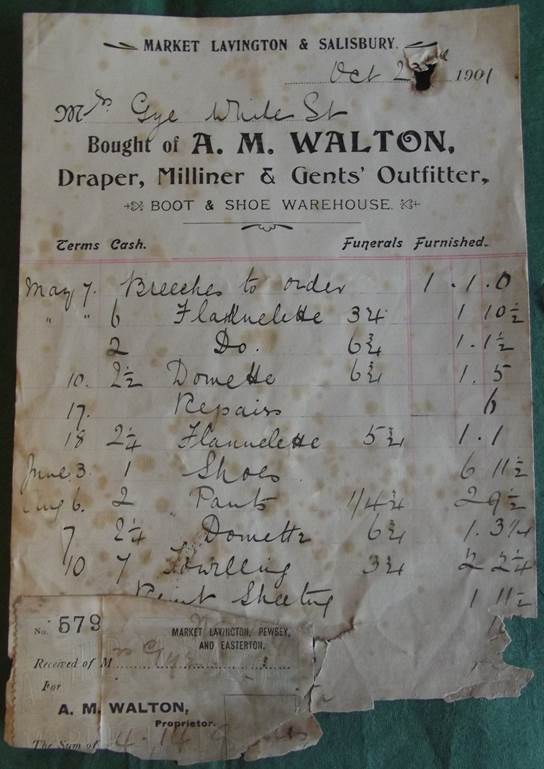 1901 bill from Mr A M Walton of Market Lavington to Mrs Gye