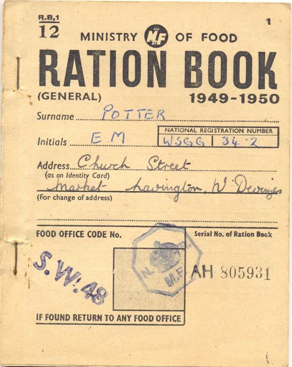 E M Potter's ration book for 1949/50 can be found at Market Lavington Museum