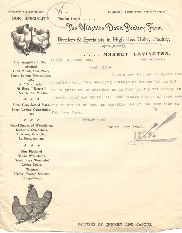 Letter from Wiltshire Down Poultry Farm signed by Arthur Walton