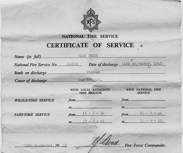 Alan Baker's fire service certificate