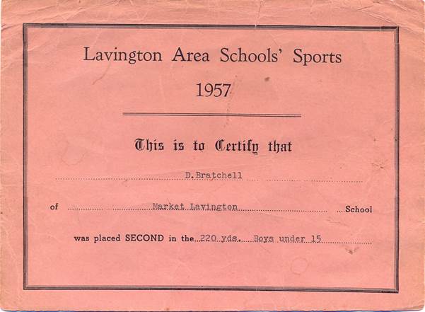 Certificat awarded at the 1957 Lavington Area Schools' Sports
