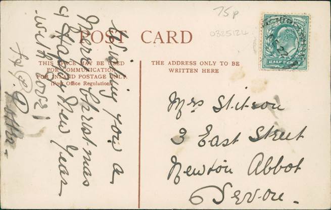 A post card wishing a Happy Christmas to Mrs Stitson - from the Edwardian era.