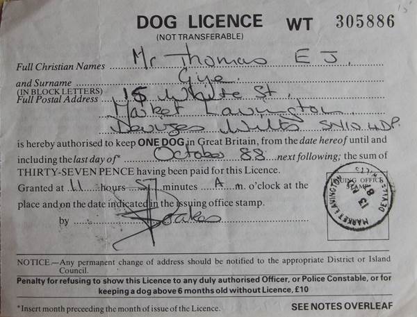 One of the last dog licences issued at Market Lavington Post Office