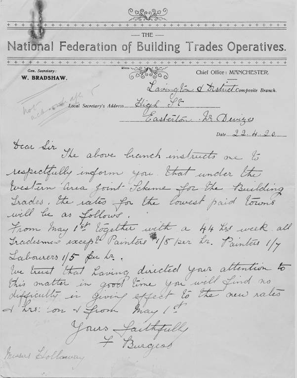 Letter from Fred Burgess of the National Federation of Building Trades Operatives