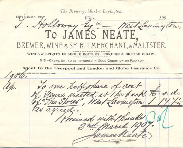 Receipted bill paid to James Neate of Market Lavington by Holloways of West Lavington