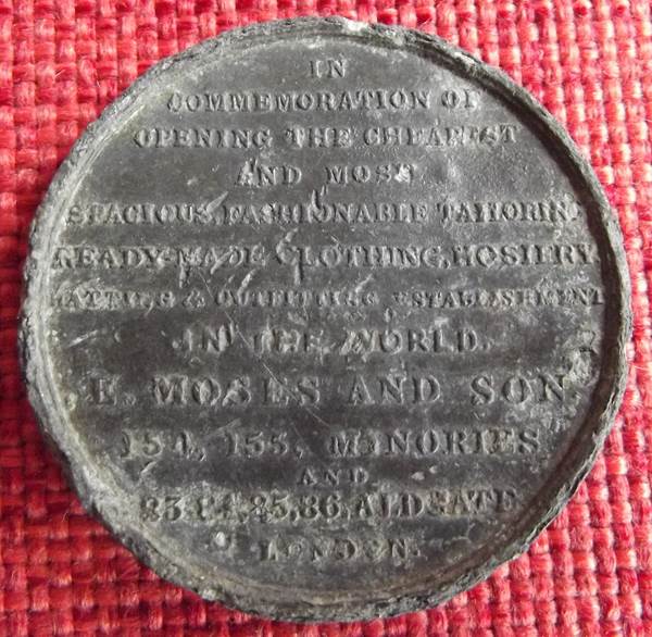 Medallion struck by E Moses and Son, clothiers of London in 1846