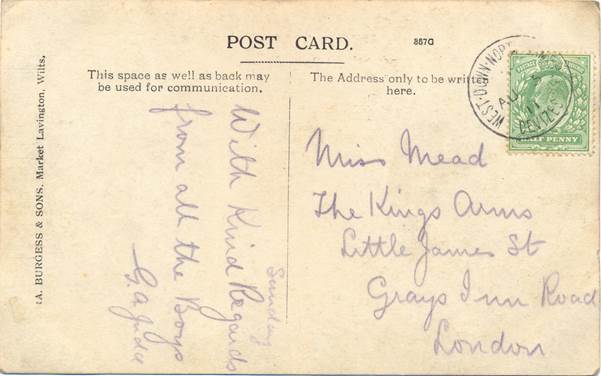 Card sent from West Down North Camp in August 1911