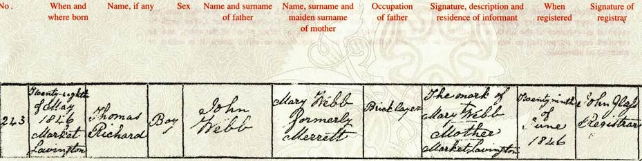 Thomas Webb's birth certificate