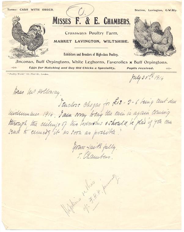 Letter from the Misses Chambers of Crossways Poultry Farm