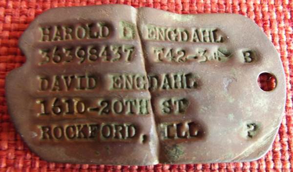 Military dog tag for Harold D Engdahl. It dates from World War Two