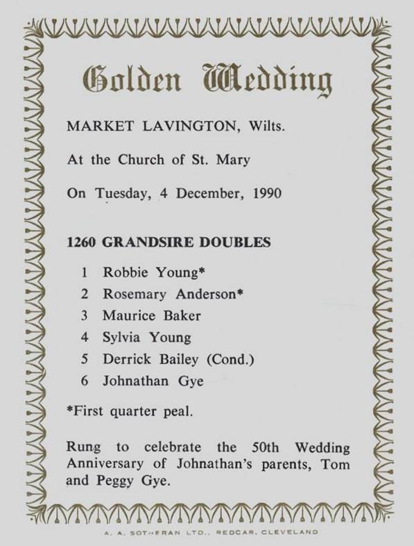 Commemorating the quarter peal rung for the Golden Wedding of Tom and Peggy Gye