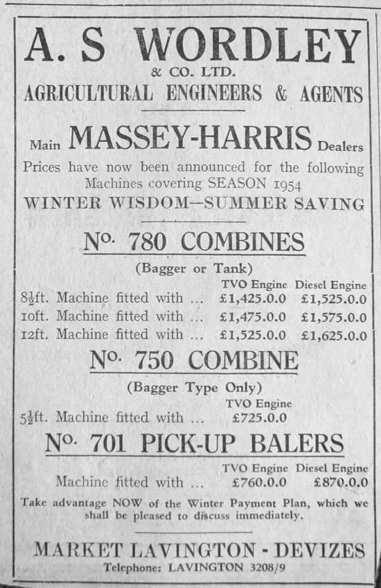 Advertisement for Wordley's Agricultural Engineers of Market Lavington. From a 1953 newspaper.