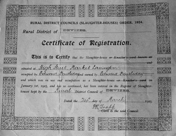 Slaughter-house license for Mr Doubleday's premises - 1925