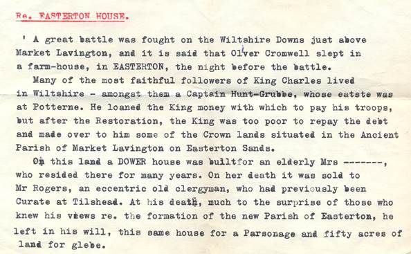 Document about Easterton House which refers to a possible civil war incident in the Market Lavington area.