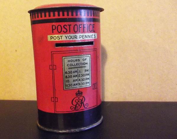 1930s money box in the shape of a pillar box for mail