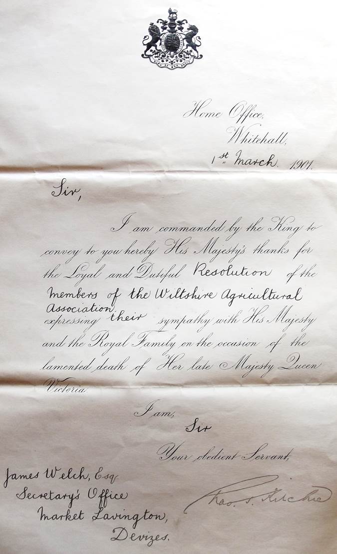 Letter received by Jamwes Welch of Market Lavington following the death of Queen Victoria