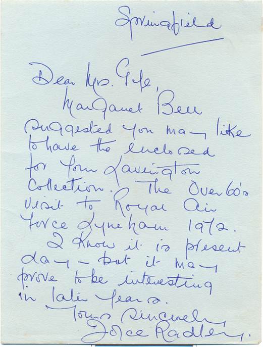 Note from Joyce Radley to Peggy Gye about an over 60s visit to Lyneham