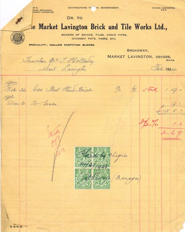 A bill for Market Lavington bricks in 1924