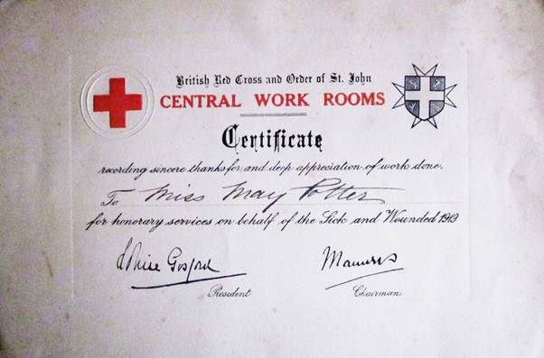 Red Cross Certificate earned by May Potter of Market Lavington in 1919