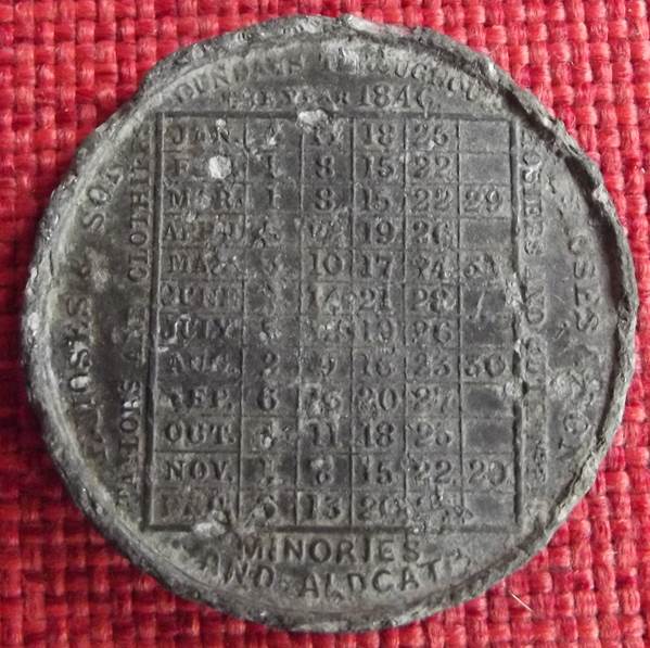 A calendar of 1846 Sundays is on the reverse of the medallion
