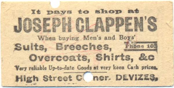 The advert on the back of the ticket is for Joseph Clappen of Devizes