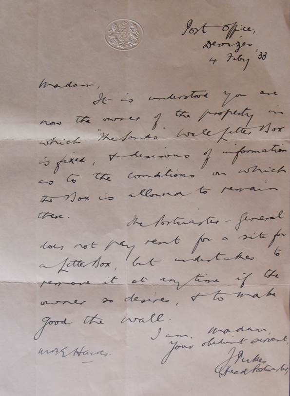 1933 letter regarding the post-box at Wayside Cottage, Kings Road, market Lavington