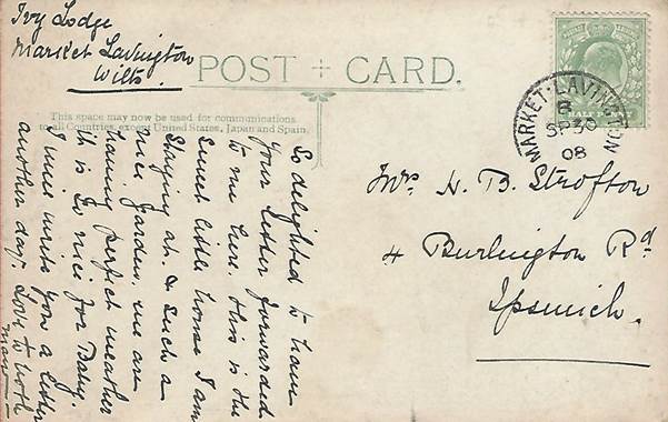 Back of the card, sent to Mrs H B Strofton