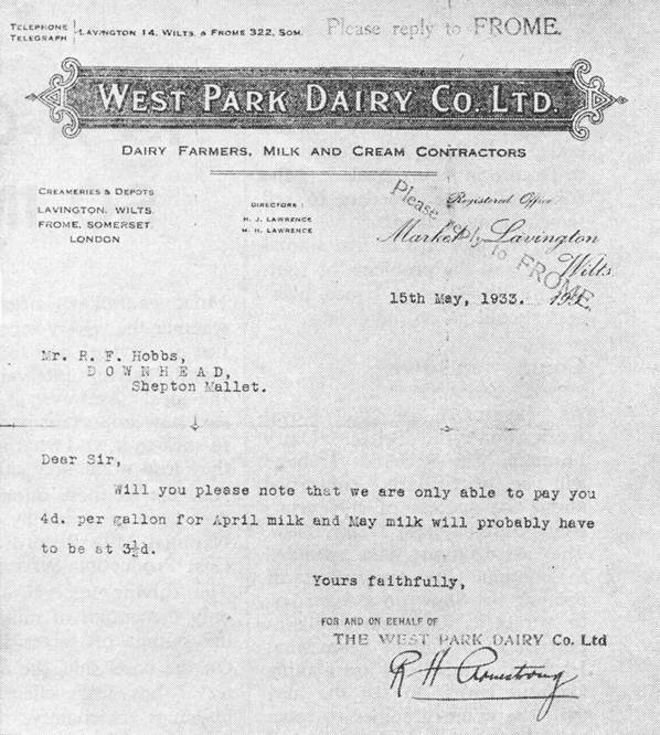 A 1933 letter about milk prices from the West Park Dairy
