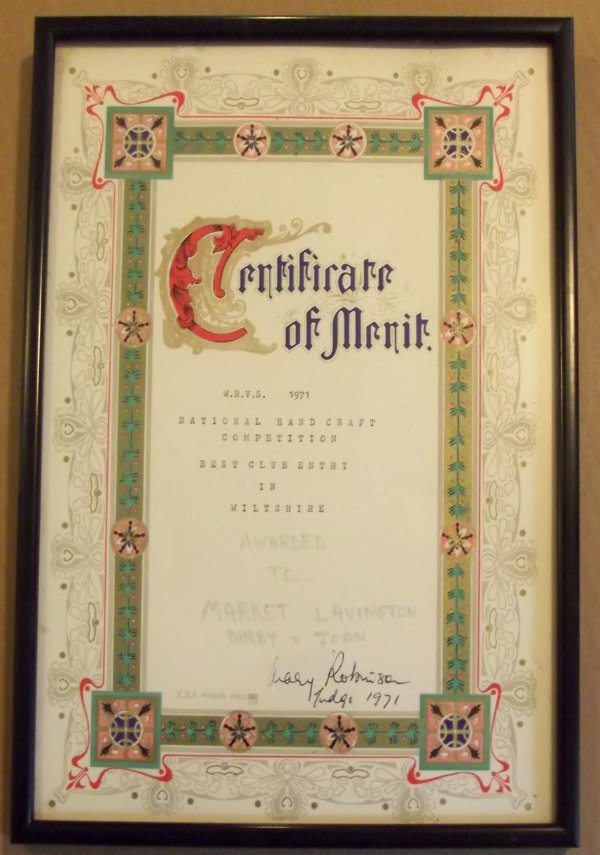 Certificate awarded to Market Lavington Darby and Joan Club in a handicraft competition